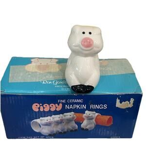 NOS Vtg 1984 Set Of 4 Ceramic‎ White Piggy Napkin Rings Kitchen Tabletop Decor